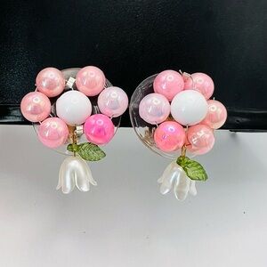 Pink and White Floral clip on Earrings